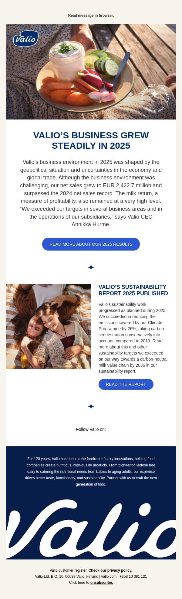 How we did in 2025: steady growth and progress in sustainability work despite a challenging operating environment email from Valio screenshot