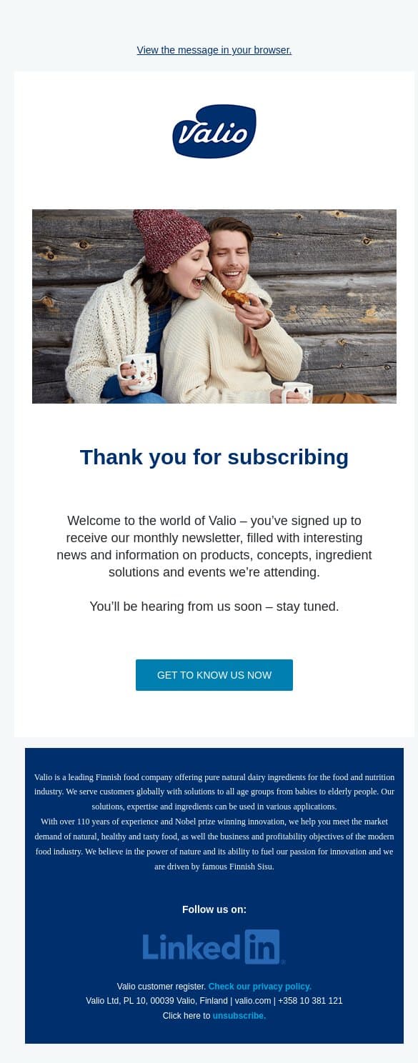 Thank you for subscribing email from Valio screenshot