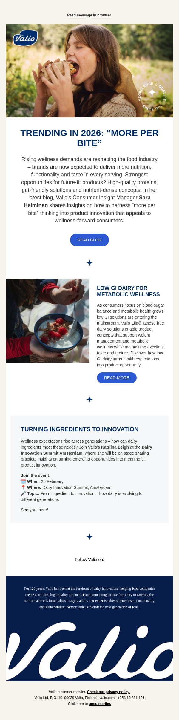 More per bite: The new logic of food innovation email from Valio screenshot