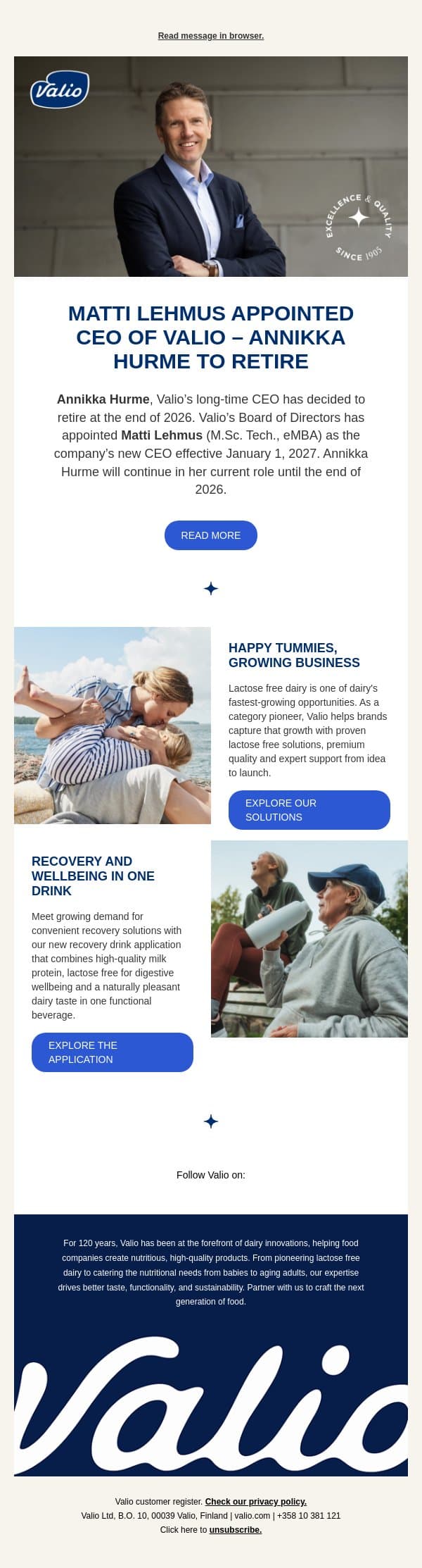 New leadership at Valio email from Valio screenshot