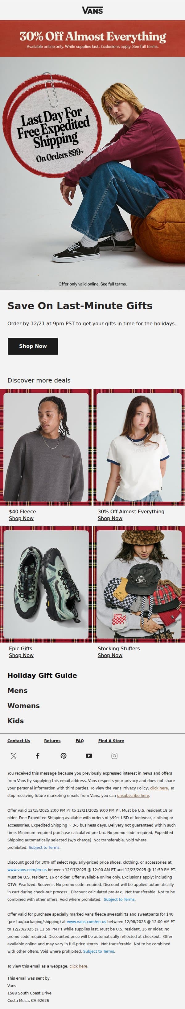 LAST DAY for expedited shipping email from Vans screenshot