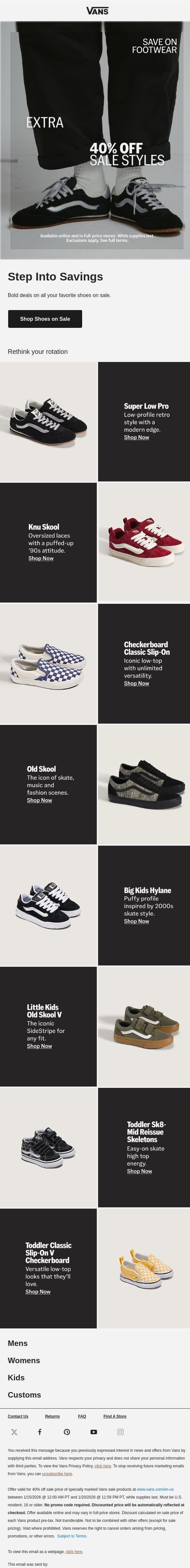 Save on favorite footwear styles email from Vans screenshot