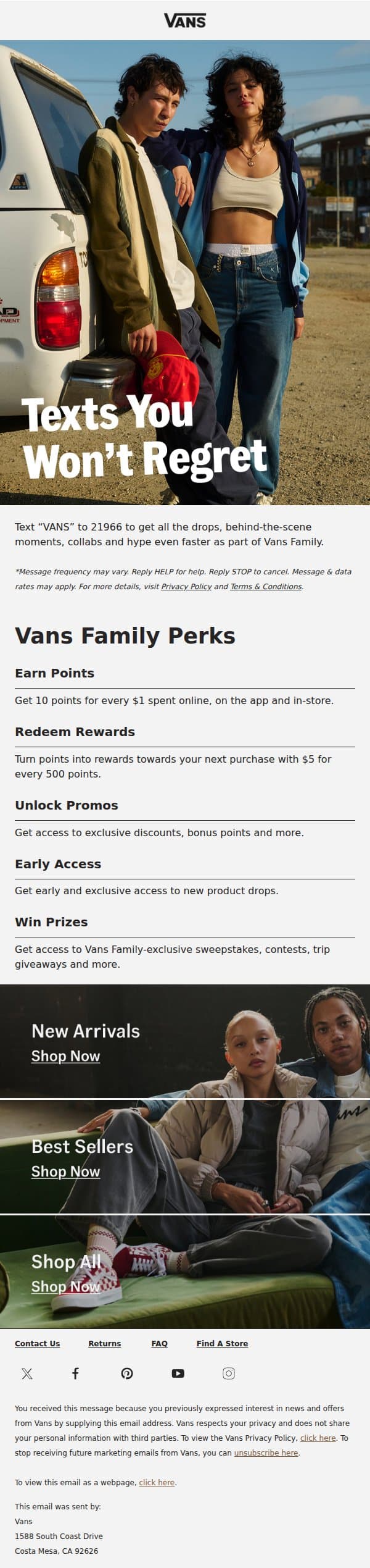 Be in the know with texts email from Vans screenshot