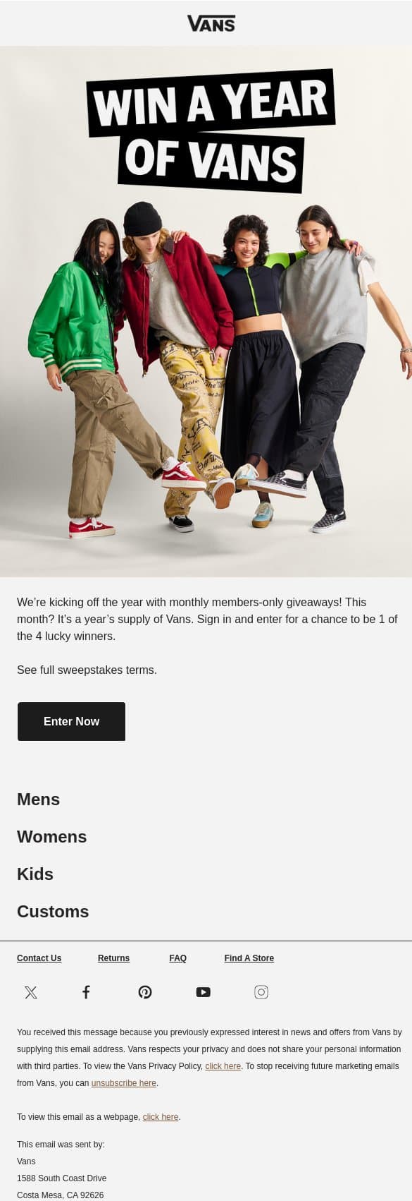 🏁 WIN A YEAR OF VANS! 🏁 email from Vans screenshot
