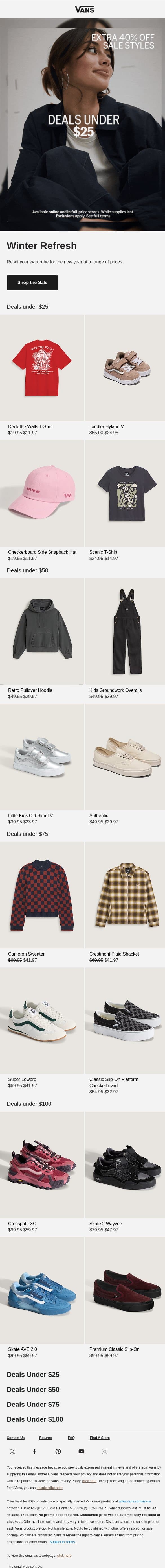 Winter savings under $25, $50 and $75 email from Vans screenshot