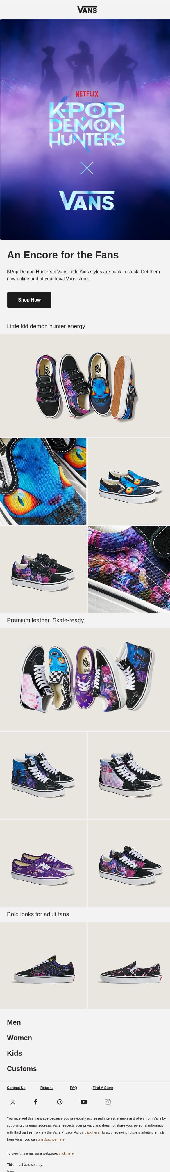 BACK IN STOCK: VANS X KPOP DEMON HUNTERS email from Vans screenshot