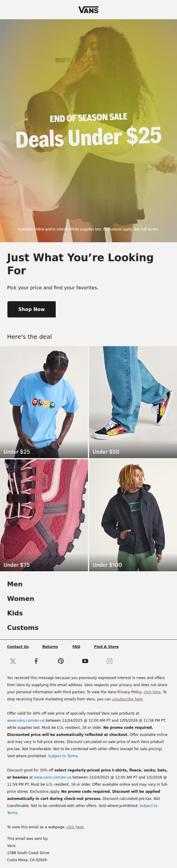 Picks under $25, just for you email from Vans screenshot