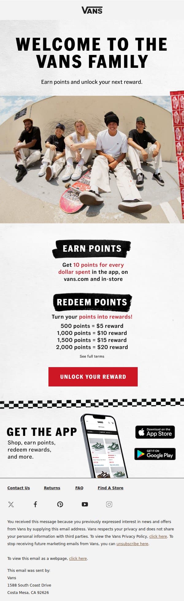 Welcome to the Vans Family! email from Vans screenshot