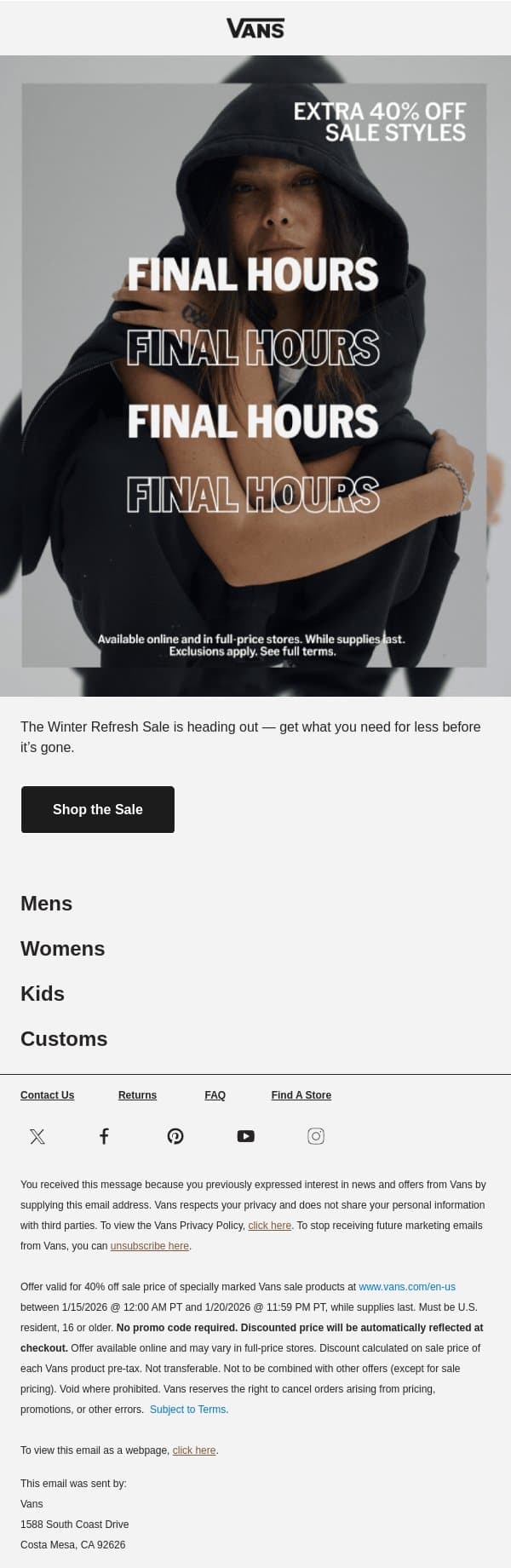 The countdown is on for the Winter Refresh Sale email from Vans screenshot