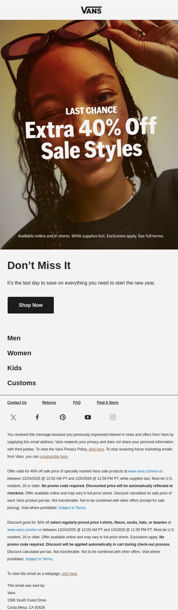 Ends today: End of the Season Sale email from Vans screenshot