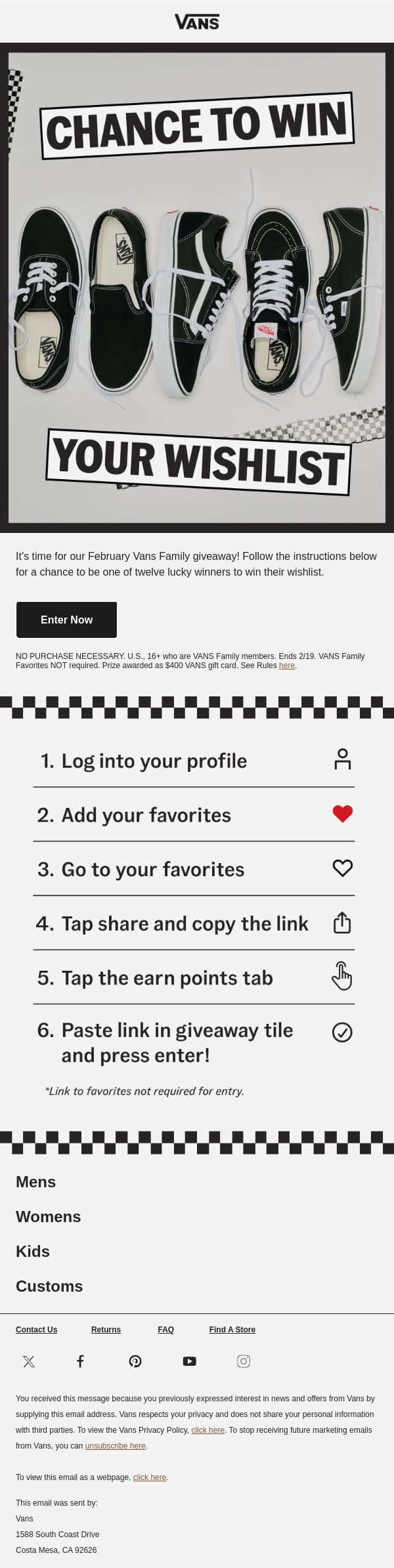 ❤️ WIN YOUR WISHLIST ❤️ email from Vans screenshot