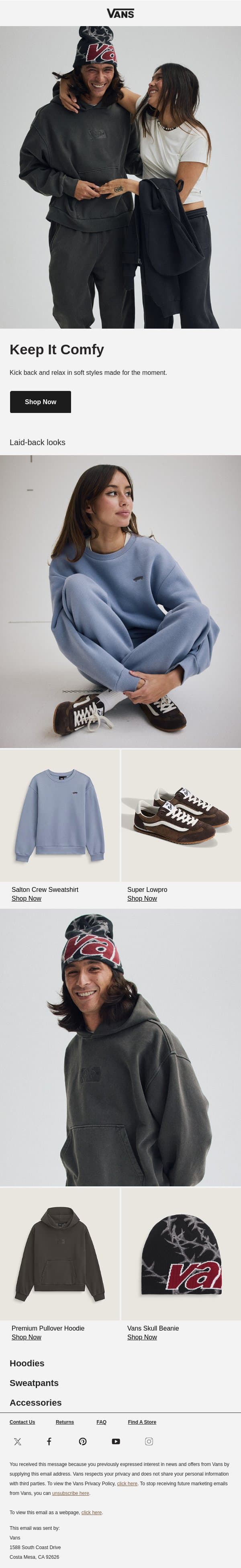 Keep it comfy email from Vans screenshot