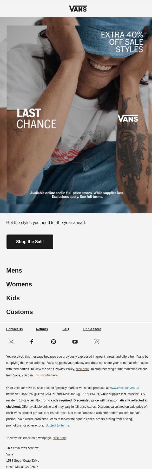Last chance: Extra 40% off sale styles email from Vans screenshot