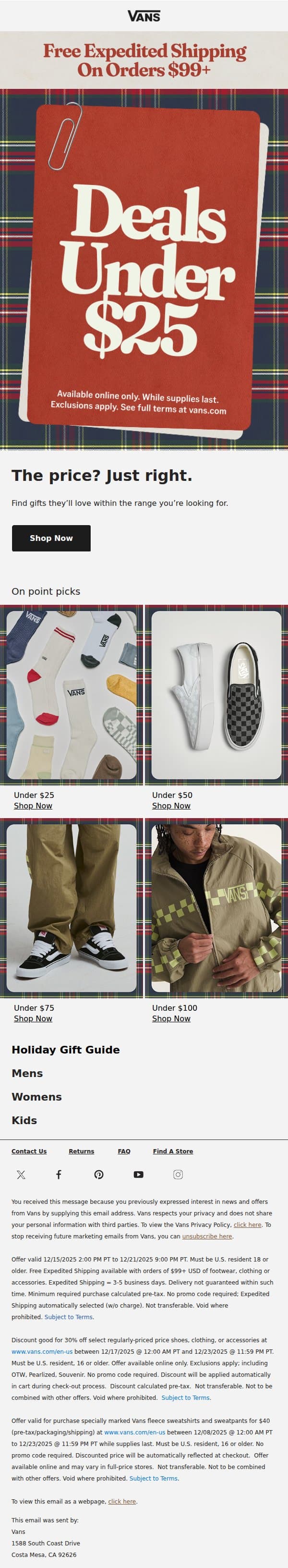 May we recommend these deals? email from Vans screenshot