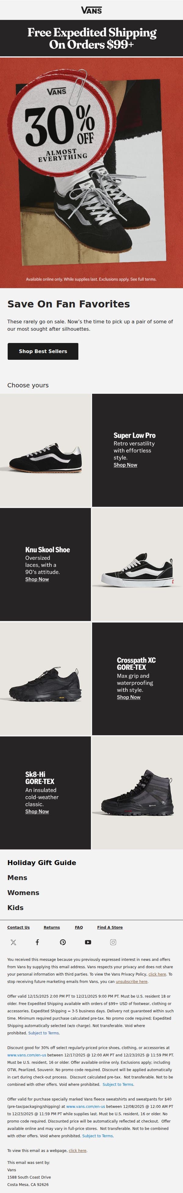 Best Sellers = 30% Off email from Vans screenshot