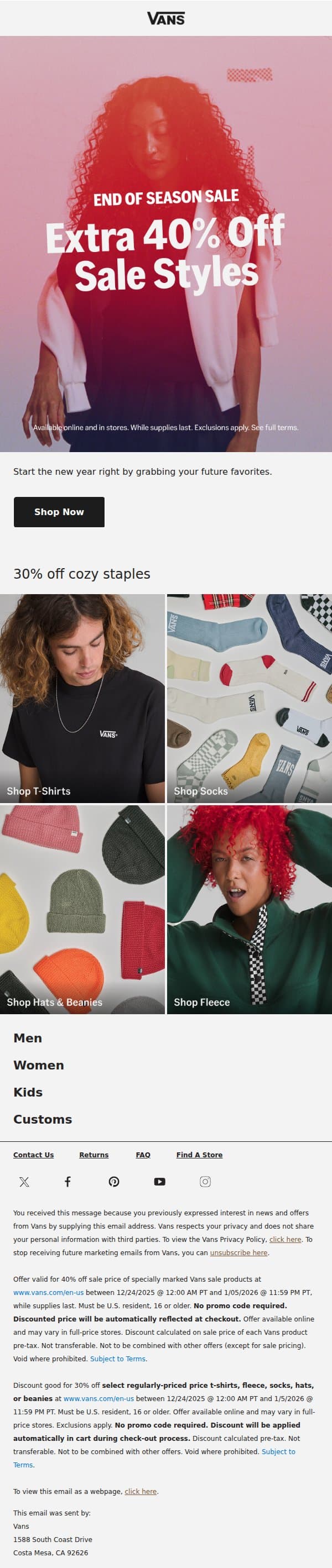 Extra 40% off sale is here email from Vans screenshot