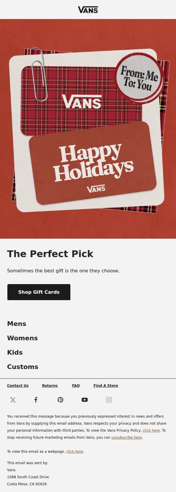 The no-fail holiday hero email from Vans screenshot