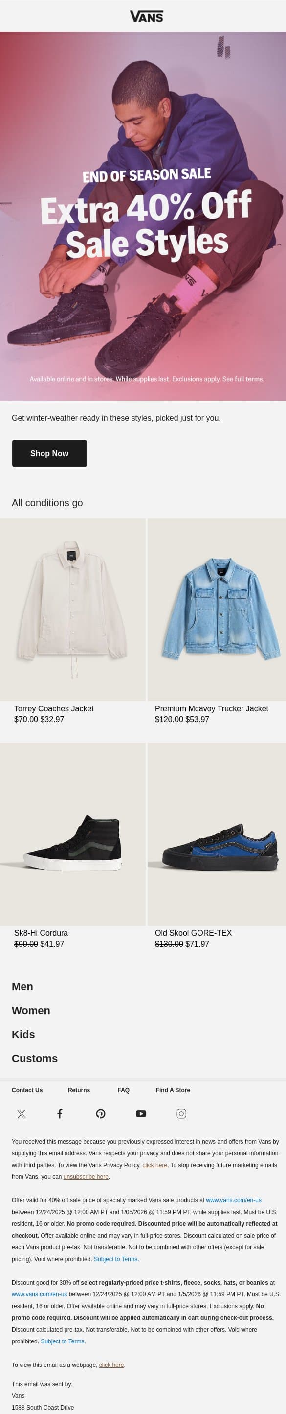 Cold feet? Extra 40% off all-weather gear email from Vans screenshot