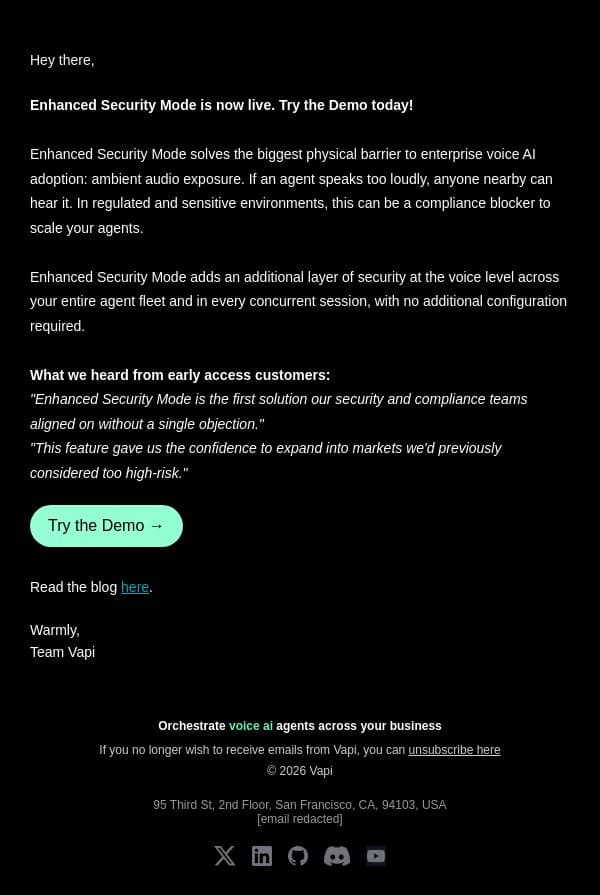 We've been building this feature for months. It's available to you starting today. email from Vapi screenshot