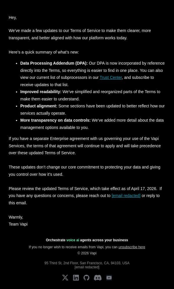 Our Terms of Service Have Been Updated email from Vapi screenshot