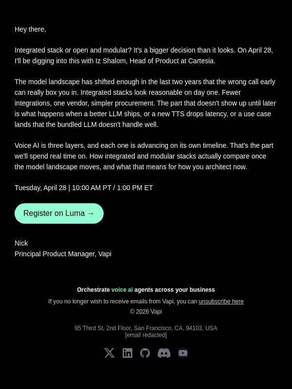 April 28: the voice stack question we're digging into email from Vapi screenshot