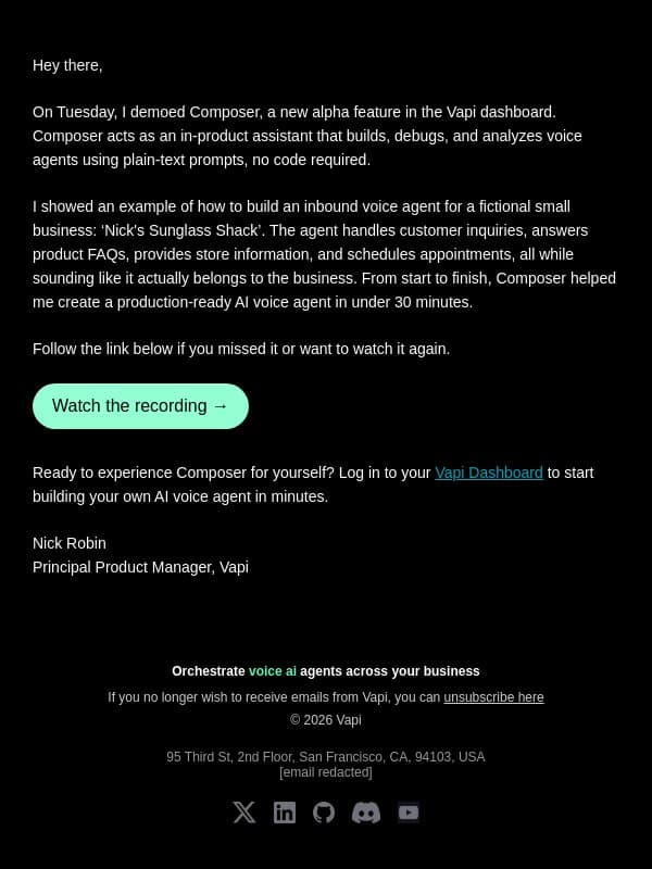 See how Composer builds production-ready AI agents in 30 minutes email from Vapi screenshot