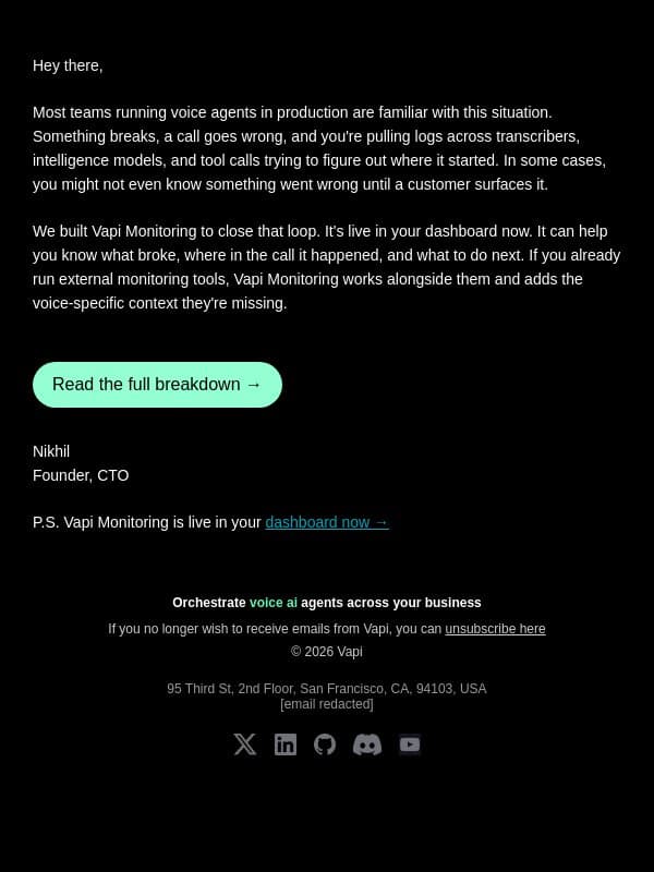 Vapi Monitoring is live in your dashboard email from Vapi screenshot