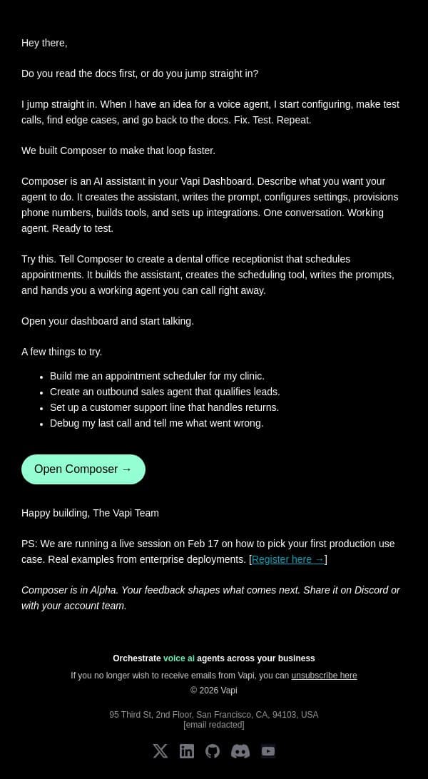 Stop reading docs and start building agents email from Vapi screenshot