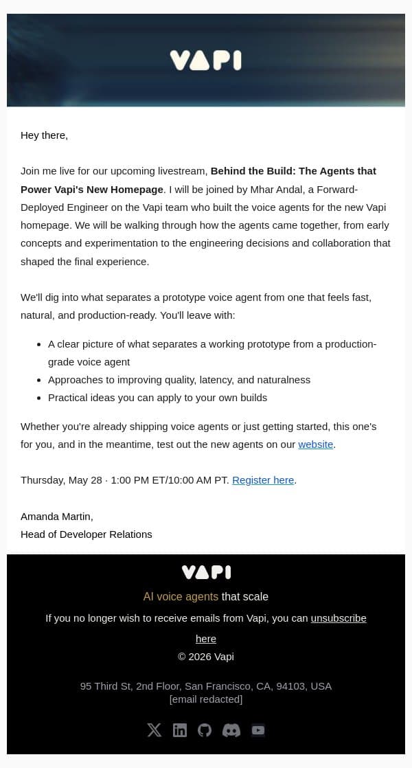 Live event next week: how we shipped the new agents on Vapi.ai email from Vapi screenshot