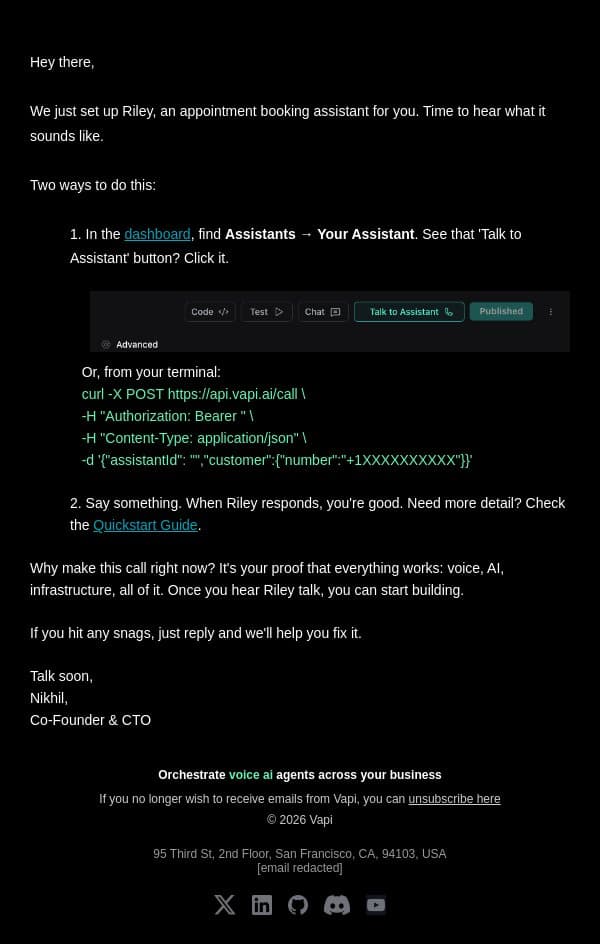 Let’s get it talking email from Vapi screenshot