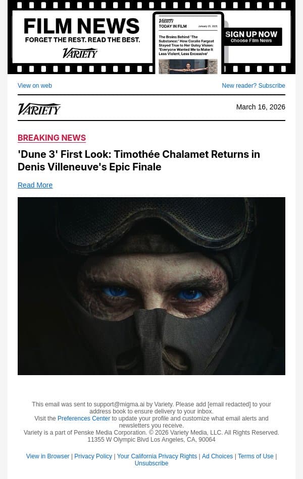 'Dune 3' First Look: Timothée Chalamet Returns in Denis Villeneuve's Epic Finale email from Variety screenshot