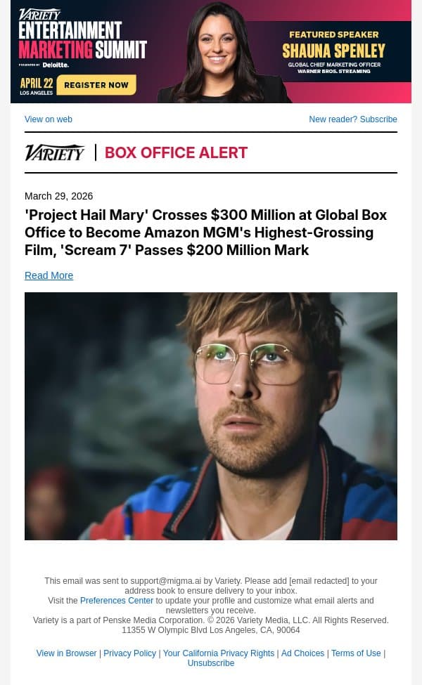 'Project Hail Mary' Crosses $300 Million at Global Box Office to Become Amazon MGM's Highest-Grossing Film, 'Scream 7' Passes $200 Million Mark email from Variety screenshot