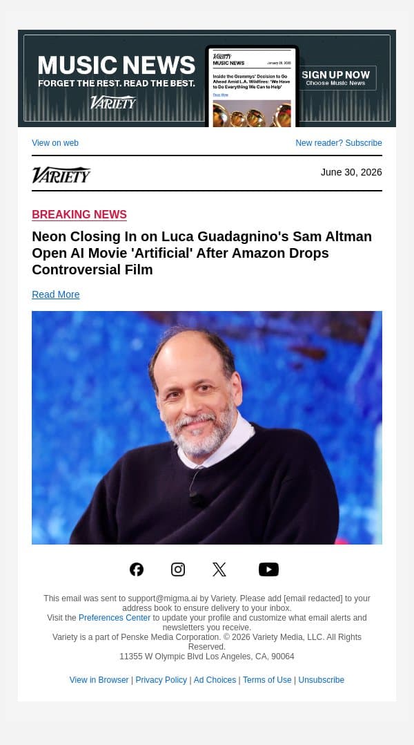 Neon Closing In on Luca Guadagnino's Sam Altman Open AI Movie 'Artificial' After Amazon Drops Controversial Film email from Variety screenshot