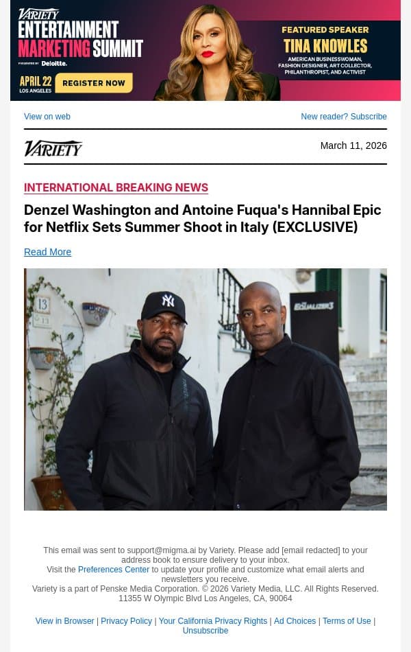 Denzel Washington and Antoine Fuqua's Hannibal Epic for Netflix Sets Summer Shoot in Italy (EXCLUSIVE) email from Variety screenshot