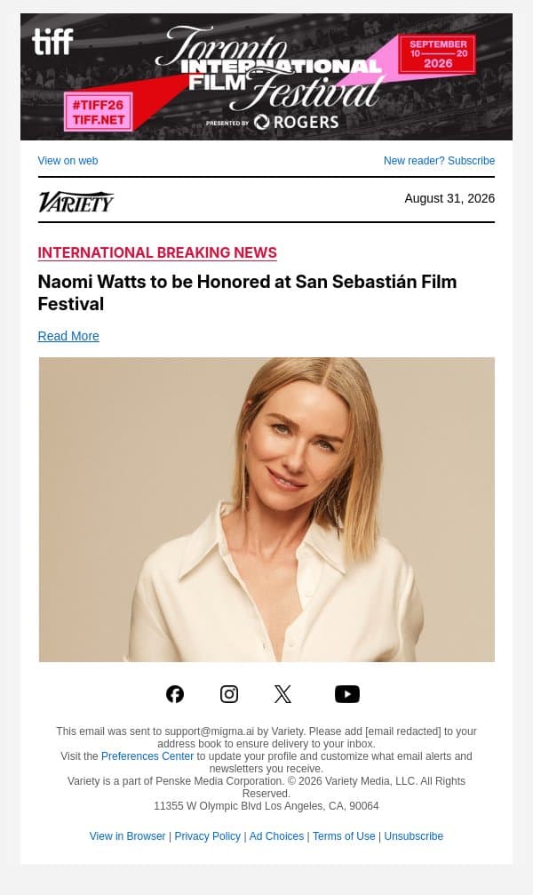 Naomi Watts to be Honored at San Sebastián Film Festival email from Variety screenshot