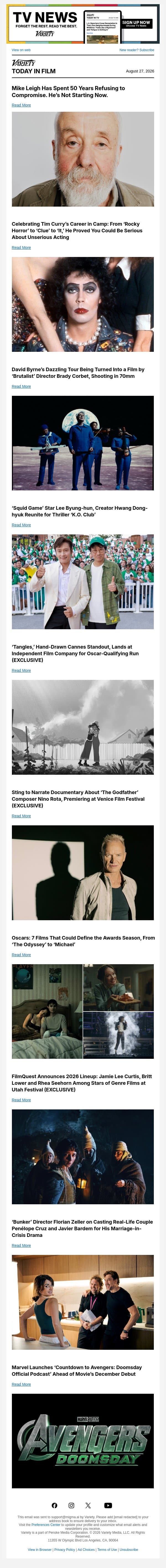 Mike Leigh Interview; Celebrating Tim Curry's Career; David Byrne's Tour Gets Brady Corbet Treatment email from Variety screenshot