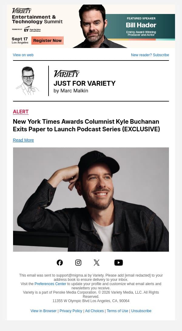 New York Times Awards Columnist Kyle Buchanan Exits Paper to Launch Podcast Series (EXCLUSIVE) email from Variety screenshot