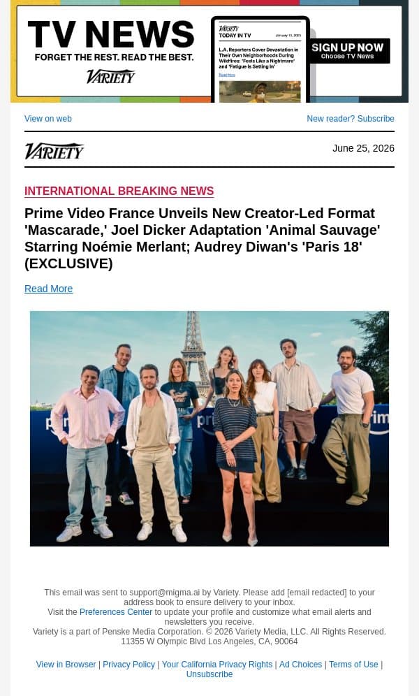 Prime Video France Unveils New Creator-Led Format 'Mascarade,' Joel Dicker Adaptation 'Animal Sauvage' Starring Noémie Merlant; Audrey Diwan's 'Paris 18' (EXCLUSIVE) email from Variety screenshot