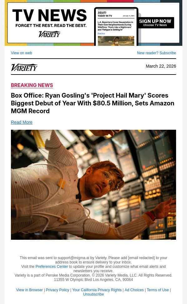 Box Office: Ryan Gosling's 'Project Hail Mary' Scores Biggest Debut of Year With $80.5 Million, Sets Amazon MGM Record email from Variety screenshot