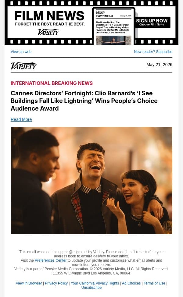 Cannes Directors’ Fortnight: Clio Barnard’s ‘I See Buildings Fall Like Lightning’ Wins People’s Choice Audience Award email from Variety screenshot