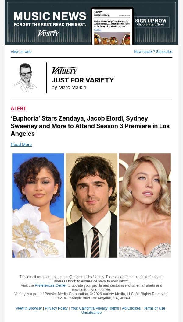 ‘Euphoria’ Stars Zendaya, Jacob Elordi, Sydney Sweeney and More to Attend Season 3 Premiere in Los Angeles email from Variety screenshot