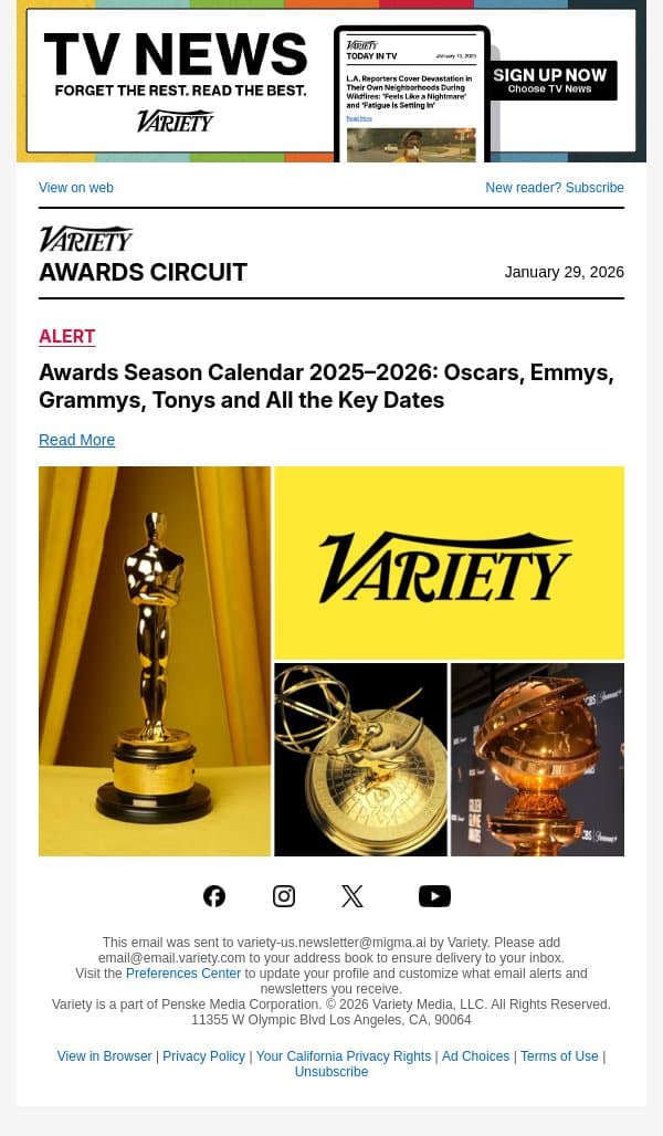Awards Season Calendar 2025–2026: Oscars, Emmys, Grammys, Tonys and All the Key Dates email from Variety screenshot