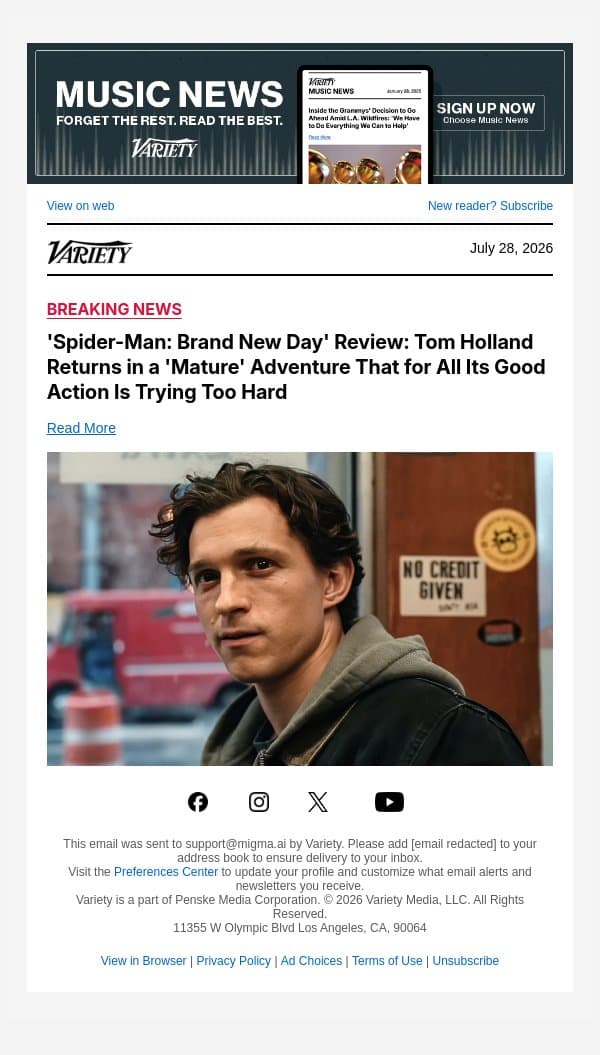 'Spider-Man: Brand New Day' Review: Tom Holland Returns in a 'Mature' Adventure That for All Its Good Action Is Trying Too Hard email from Variety screenshot