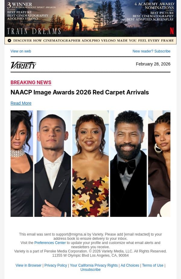 NAACP Image Awards 2026 Red Carpet Arrivals email from Variety screenshot