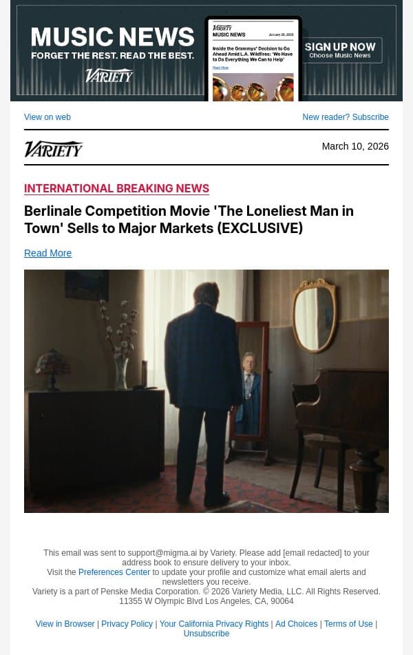Berlinale Competition Movie 'The Loneliest Man in Town' Sells to Major Markets (EXCLUSIVE) email from Variety screenshot