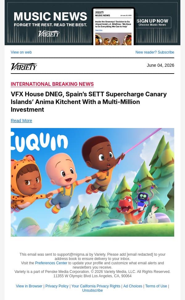 VFX House DNEG, Spain’s SETT Supercharge Canary Islands’ Anima Kitchent With a Multi-Million Investment email from Variety screenshot