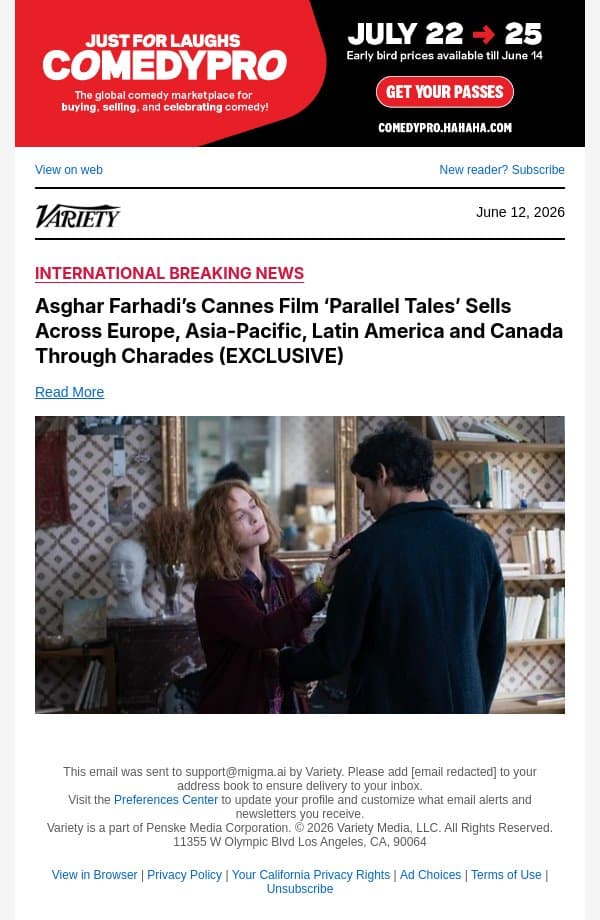 Asghar Farhadi’s Cannes Film ‘Parallel Tales’ Sells Across Europe, Asia-Pacific, Latin America and Canada Through Charades (EXCLUSIVE) email from Variety screenshot