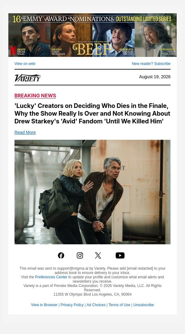 'Lucky' Creators on Deciding Who Dies in the Finale, Why the Show Really Is Over and Not Knowing About Drew Starkey's 'Avid' Fandom 'Until We Killed Him' email from Variety screenshot