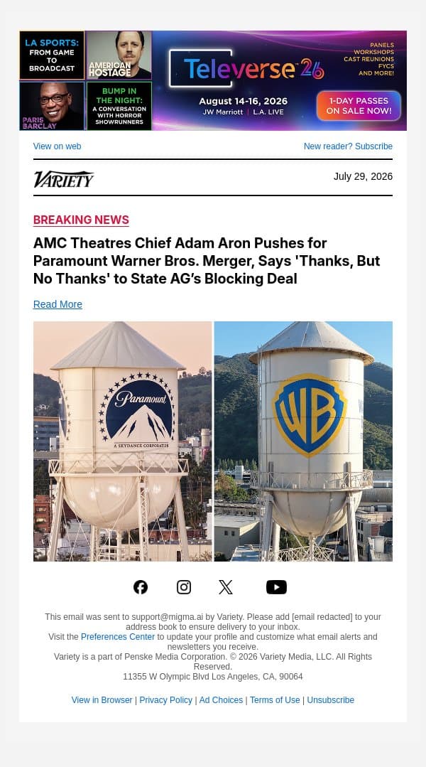 AMC Theatres Chief Adam Aron Pushes for Paramount Warner Bros. Merger, Says 'Thanks, But No Thanks' to State AG’s Blocking Deal email from Variety screenshot