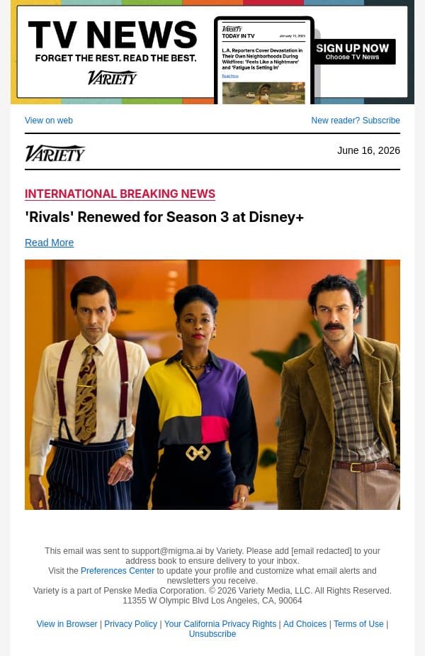 'Rivals' Renewed for Season 3 at Disney+ email from Variety screenshot